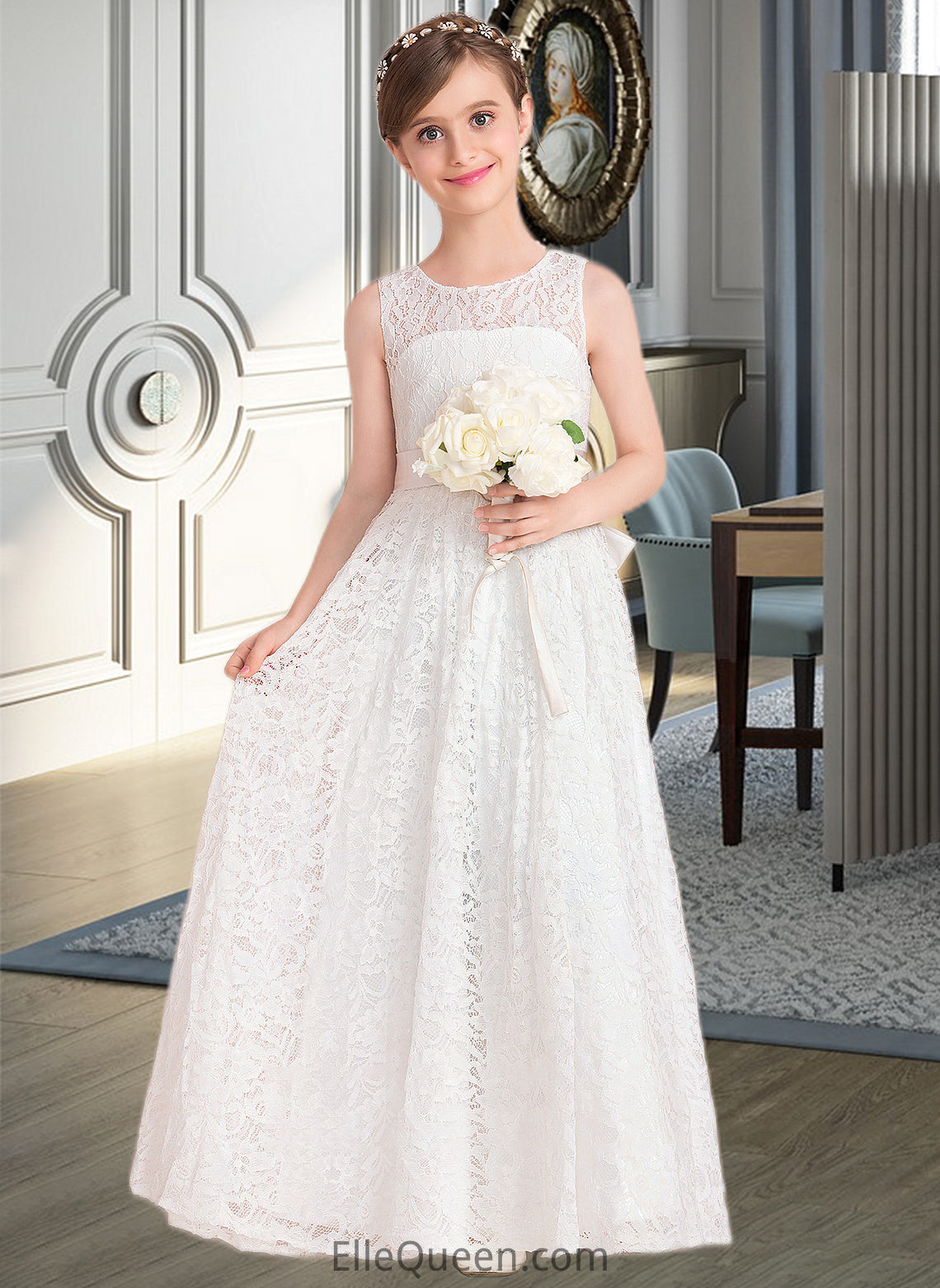 Theresa A-Line Scoop Neck Floor-Length Lace Junior Bridesmaid Dress With Sash Bow(s) DGP0013490