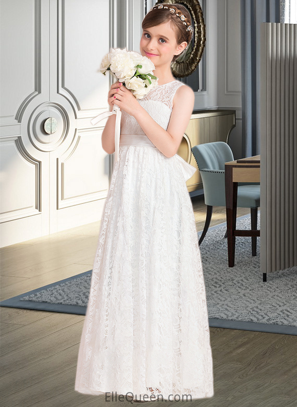 Theresa A-Line Scoop Neck Floor-Length Lace Junior Bridesmaid Dress With Sash Bow(s) DGP0013490