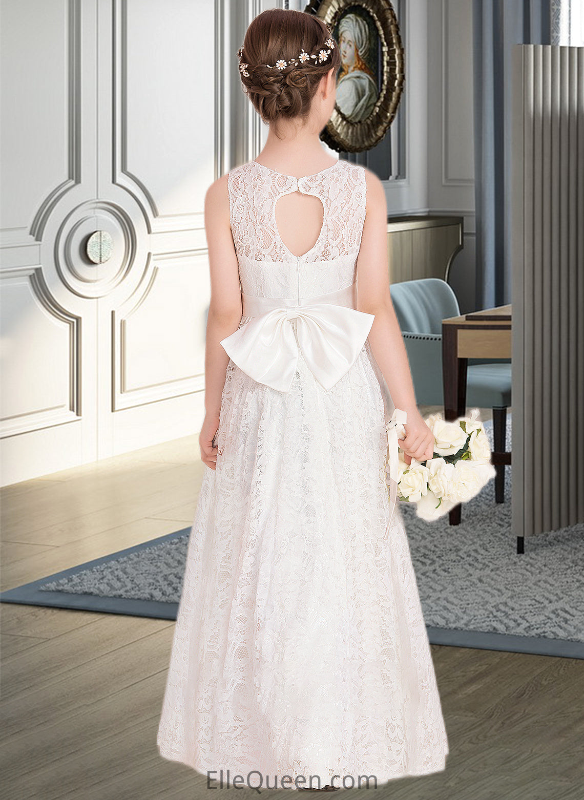 Theresa A-Line Scoop Neck Floor-Length Lace Junior Bridesmaid Dress With Sash Bow(s) DGP0013490