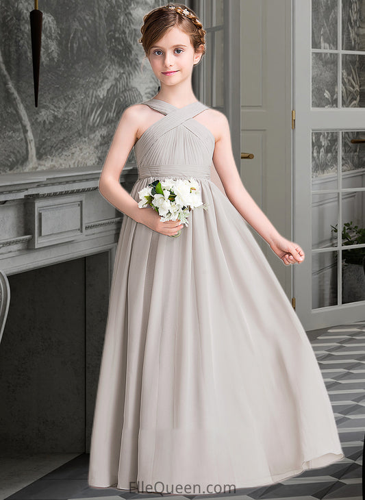 Vivienne A-Line V-neck Floor-Length Chiffon Junior Bridesmaid Dress With Ruffle Bow(s) DGP0013491