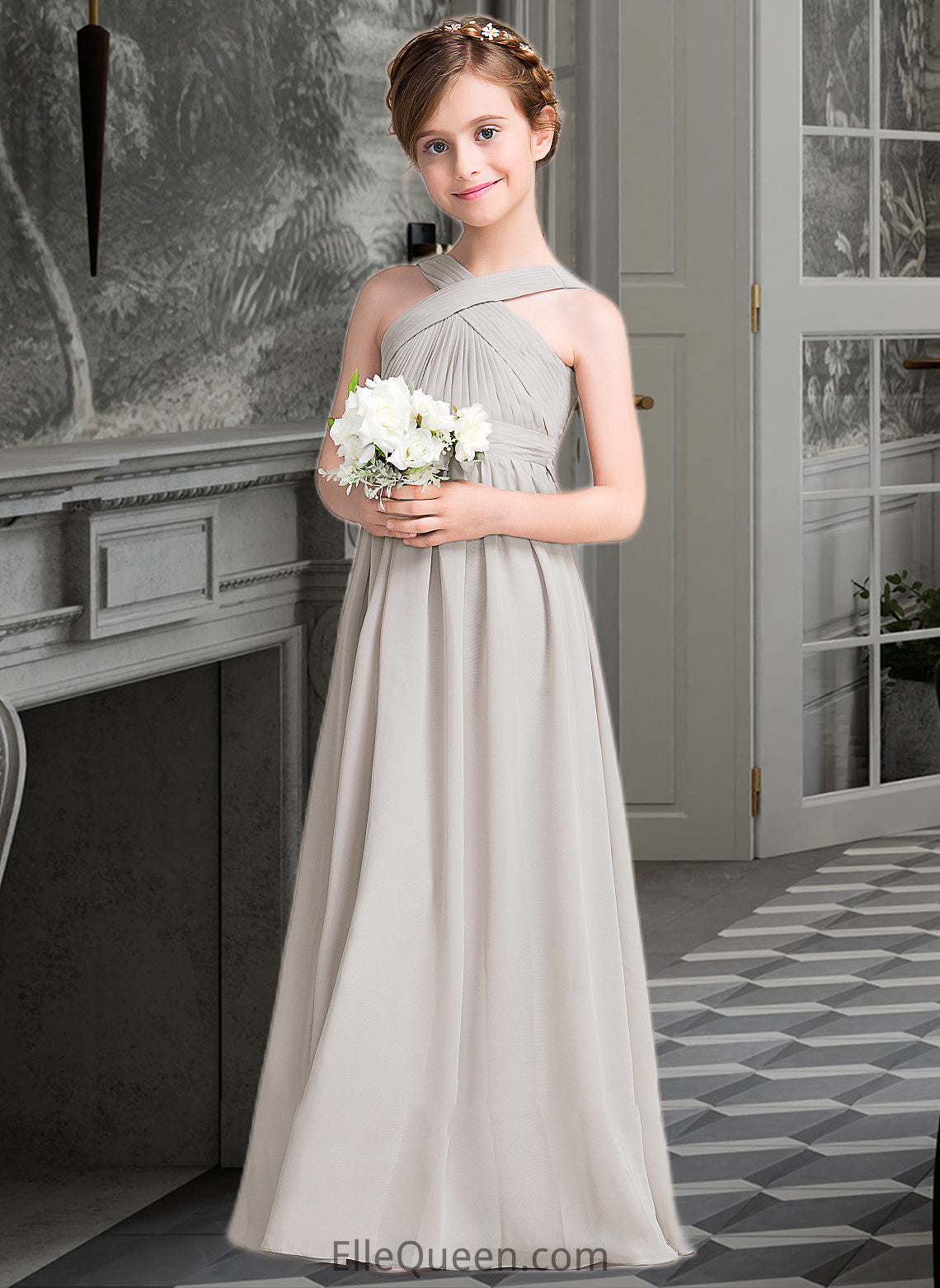 Vivienne A-Line V-neck Floor-Length Chiffon Junior Bridesmaid Dress With Ruffle Bow(s) DGP0013491