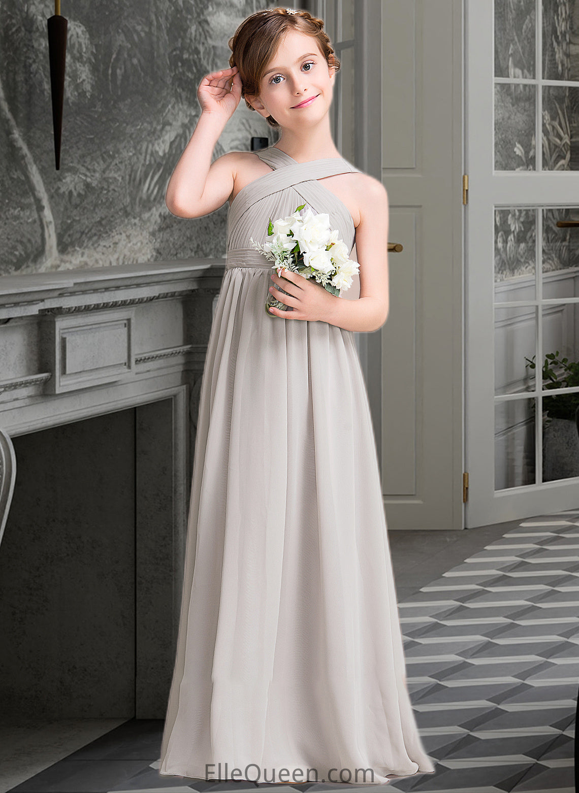 Vivienne A-Line V-neck Floor-Length Chiffon Junior Bridesmaid Dress With Ruffle Bow(s) DGP0013491