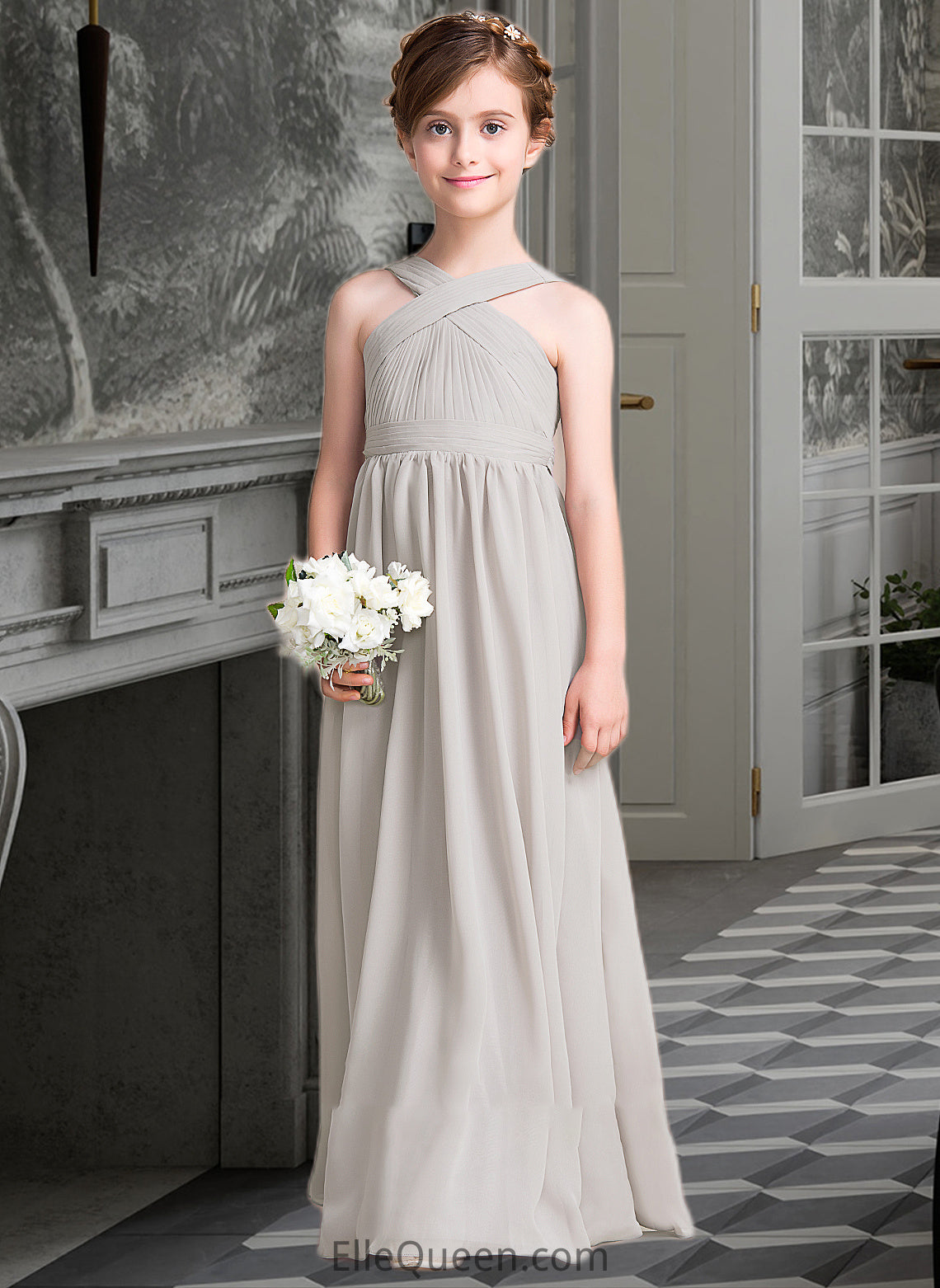 Vivienne A-Line V-neck Floor-Length Chiffon Junior Bridesmaid Dress With Ruffle Bow(s) DGP0013491