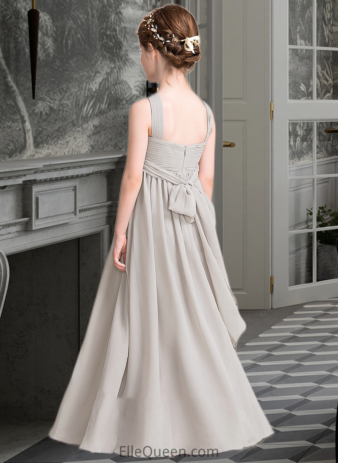 Vivienne A-Line V-neck Floor-Length Chiffon Junior Bridesmaid Dress With Ruffle Bow(s) DGP0013491