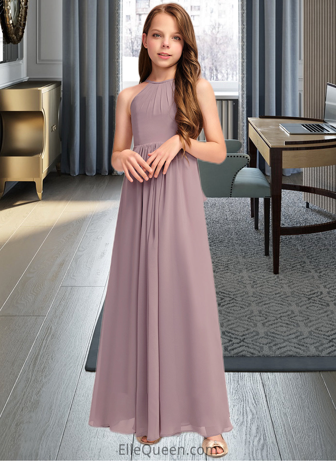 Aiyana A-Line Scoop Neck Floor-Length Chiffon Junior Bridesmaid Dress With Cascading Ruffles DGP0013492