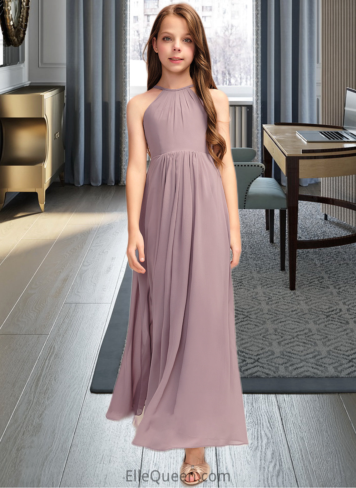 Aiyana A-Line Scoop Neck Floor-Length Chiffon Junior Bridesmaid Dress With Cascading Ruffles DGP0013492