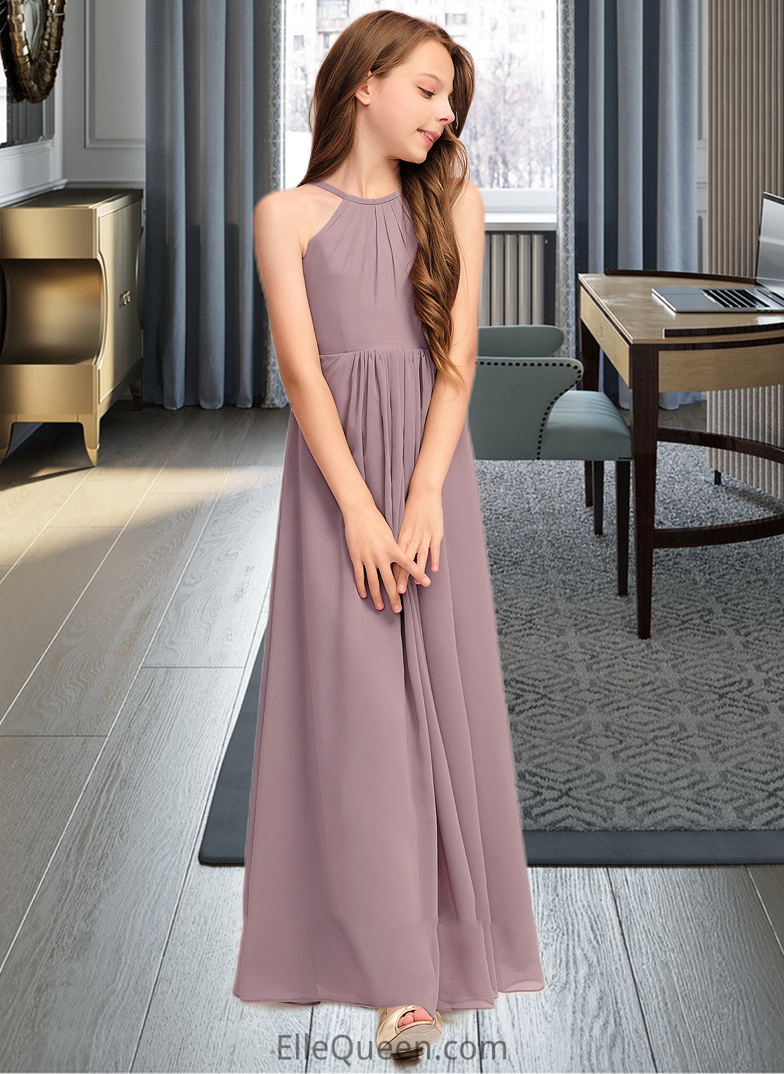 Aiyana A-Line Scoop Neck Floor-Length Chiffon Junior Bridesmaid Dress With Cascading Ruffles DGP0013492