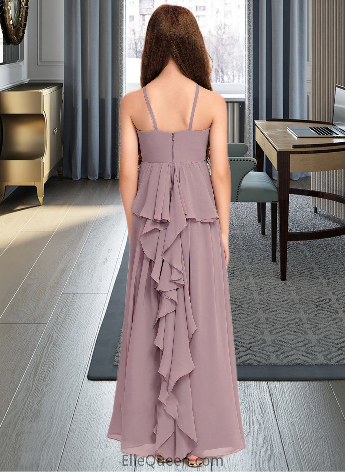 Aiyana A-Line Scoop Neck Floor-Length Chiffon Junior Bridesmaid Dress With Cascading Ruffles DGP0013492