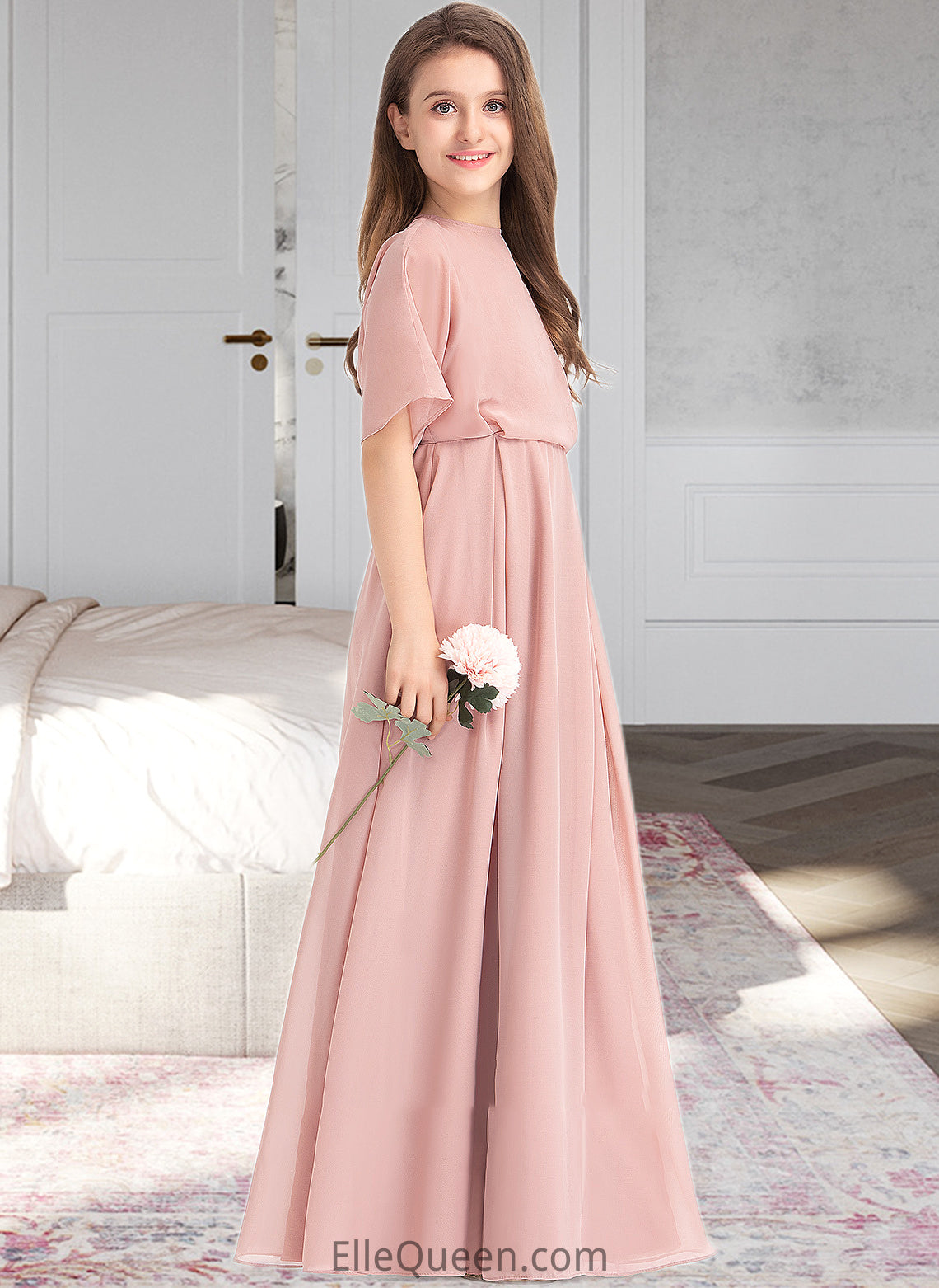 Elaina A-Line Scoop Neck Floor-Length Chiffon Junior Bridesmaid Dress DGP0013493