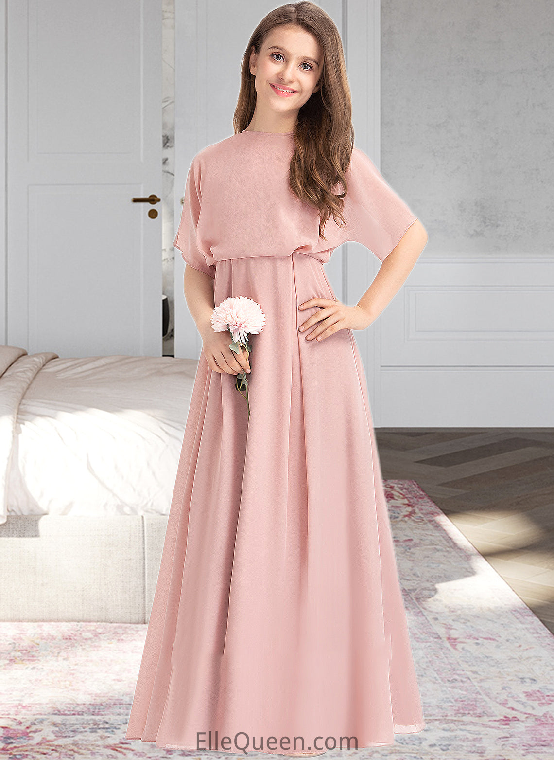 Elaina A-Line Scoop Neck Floor-Length Chiffon Junior Bridesmaid Dress DGP0013493