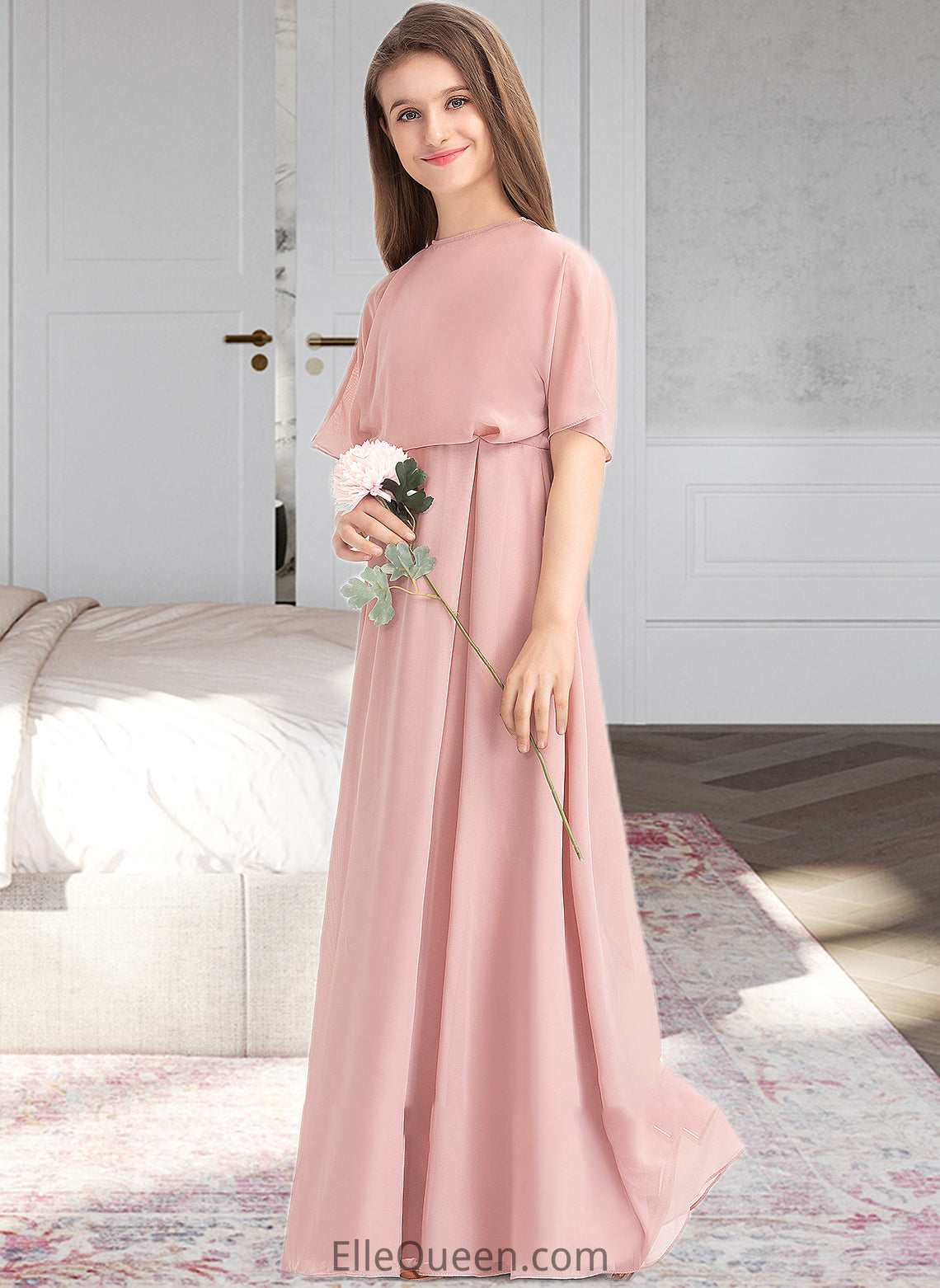 Elaina A-Line Scoop Neck Floor-Length Chiffon Junior Bridesmaid Dress DGP0013493