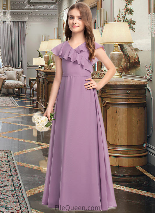 Celia A-Line V-neck Floor-Length Chiffon Junior Bridesmaid Dress With Bow(s) Cascading Ruffles DGP0013494