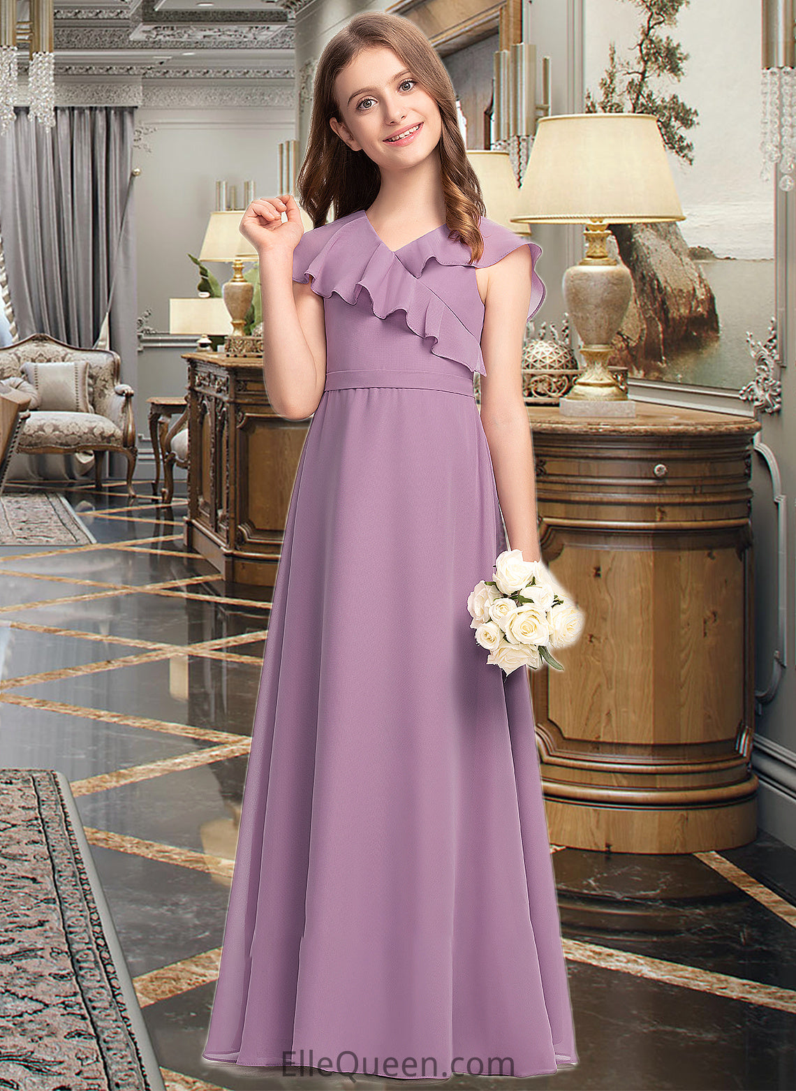 Celia A-Line V-neck Floor-Length Chiffon Junior Bridesmaid Dress With Bow(s) Cascading Ruffles DGP0013494