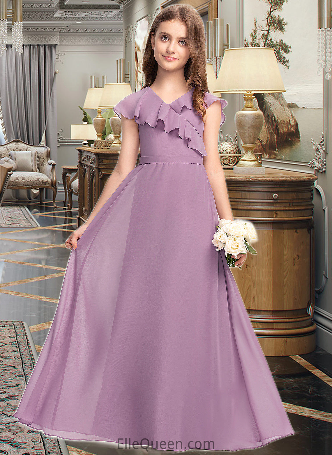 Celia A-Line V-neck Floor-Length Chiffon Junior Bridesmaid Dress With Bow(s) Cascading Ruffles DGP0013494