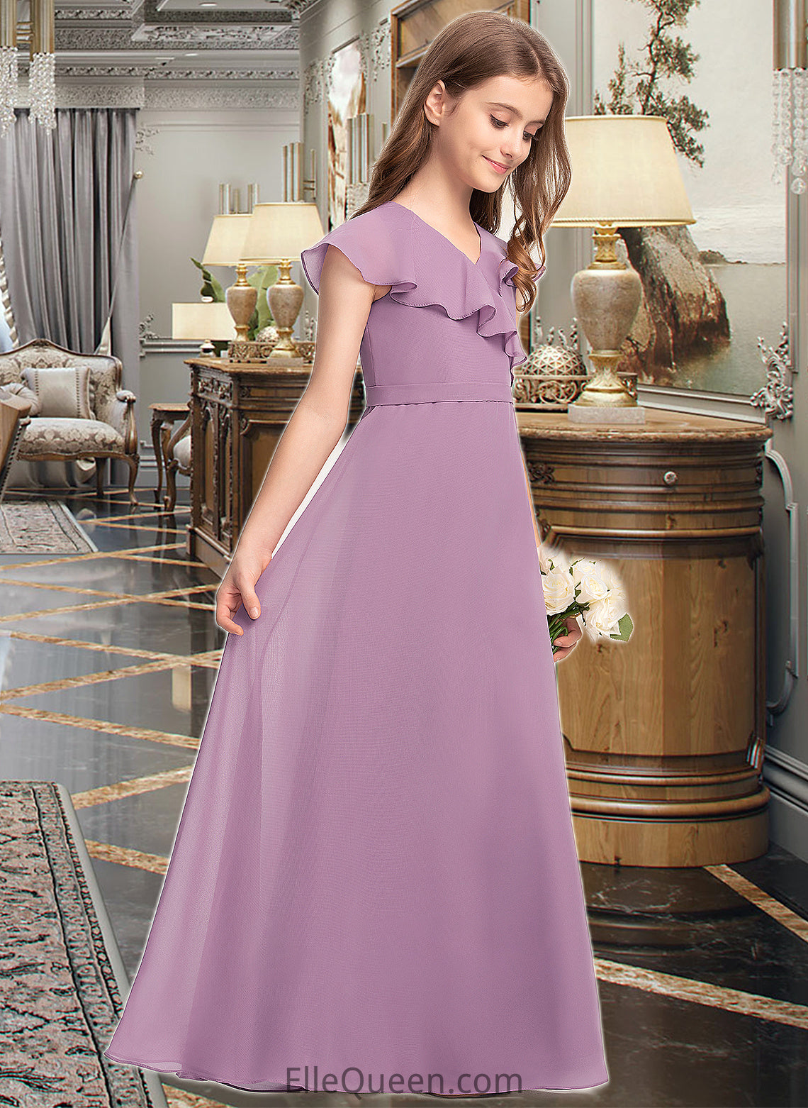 Celia A-Line V-neck Floor-Length Chiffon Junior Bridesmaid Dress With Bow(s) Cascading Ruffles DGP0013494