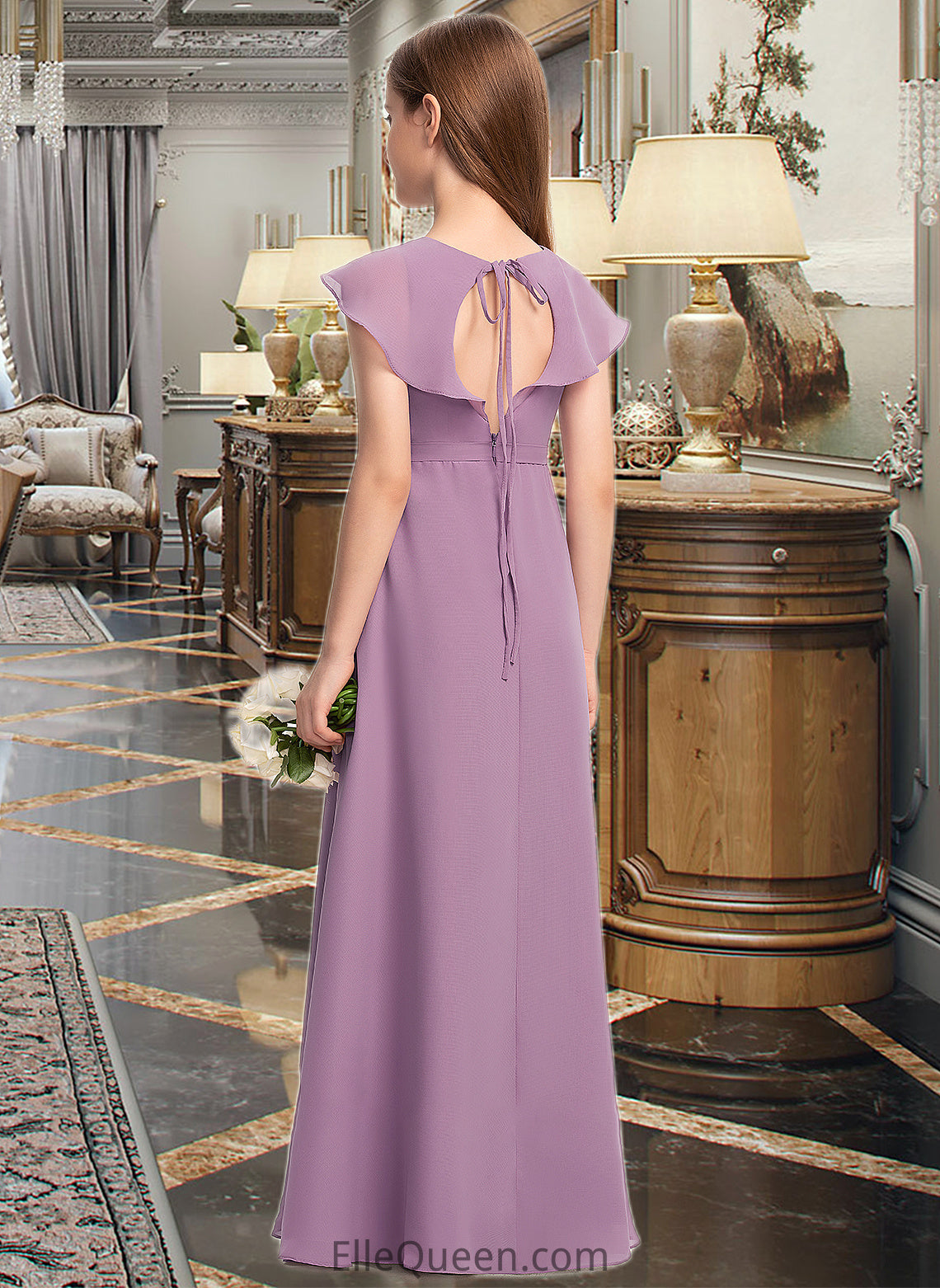 Celia A-Line V-neck Floor-Length Chiffon Junior Bridesmaid Dress With Bow(s) Cascading Ruffles DGP0013494