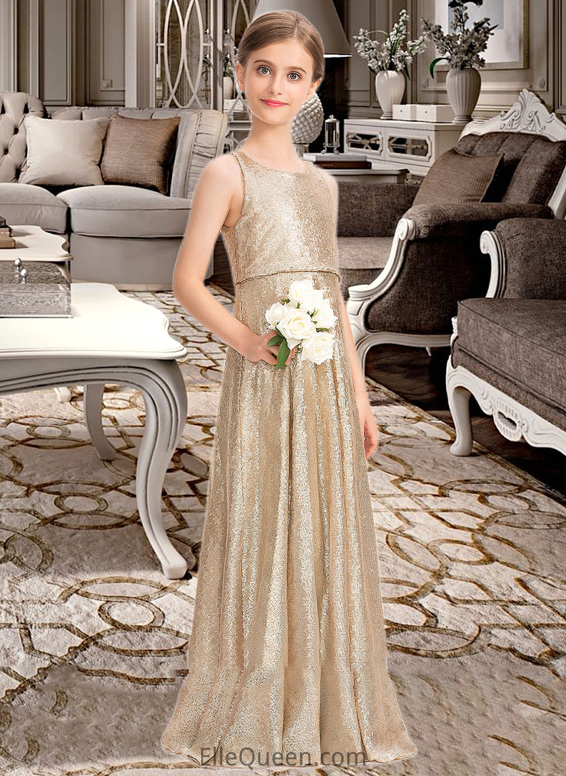 Leticia A-Line Scoop Neck Floor-Length Sequined Junior Bridesmaid Dress DGP0013495