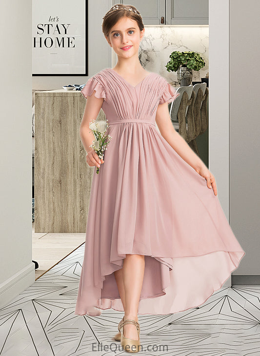 Natasha A-Line V-neck Asymmetrical Chiffon Junior Bridesmaid Dress With Bow(s) Cascading Ruffles DGP0013496