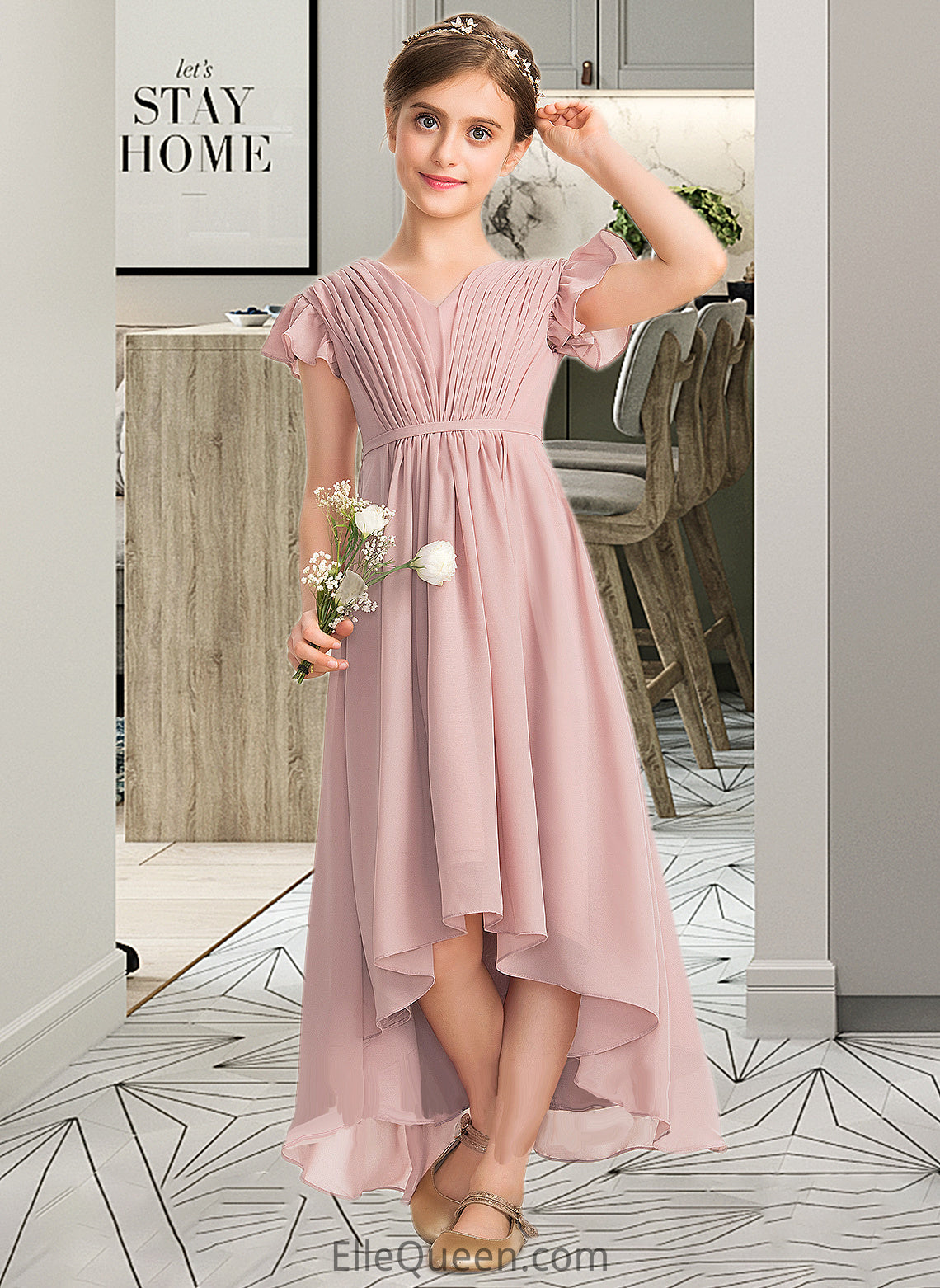 Natasha A-Line V-neck Asymmetrical Chiffon Junior Bridesmaid Dress With Bow(s) Cascading Ruffles DGP0013496