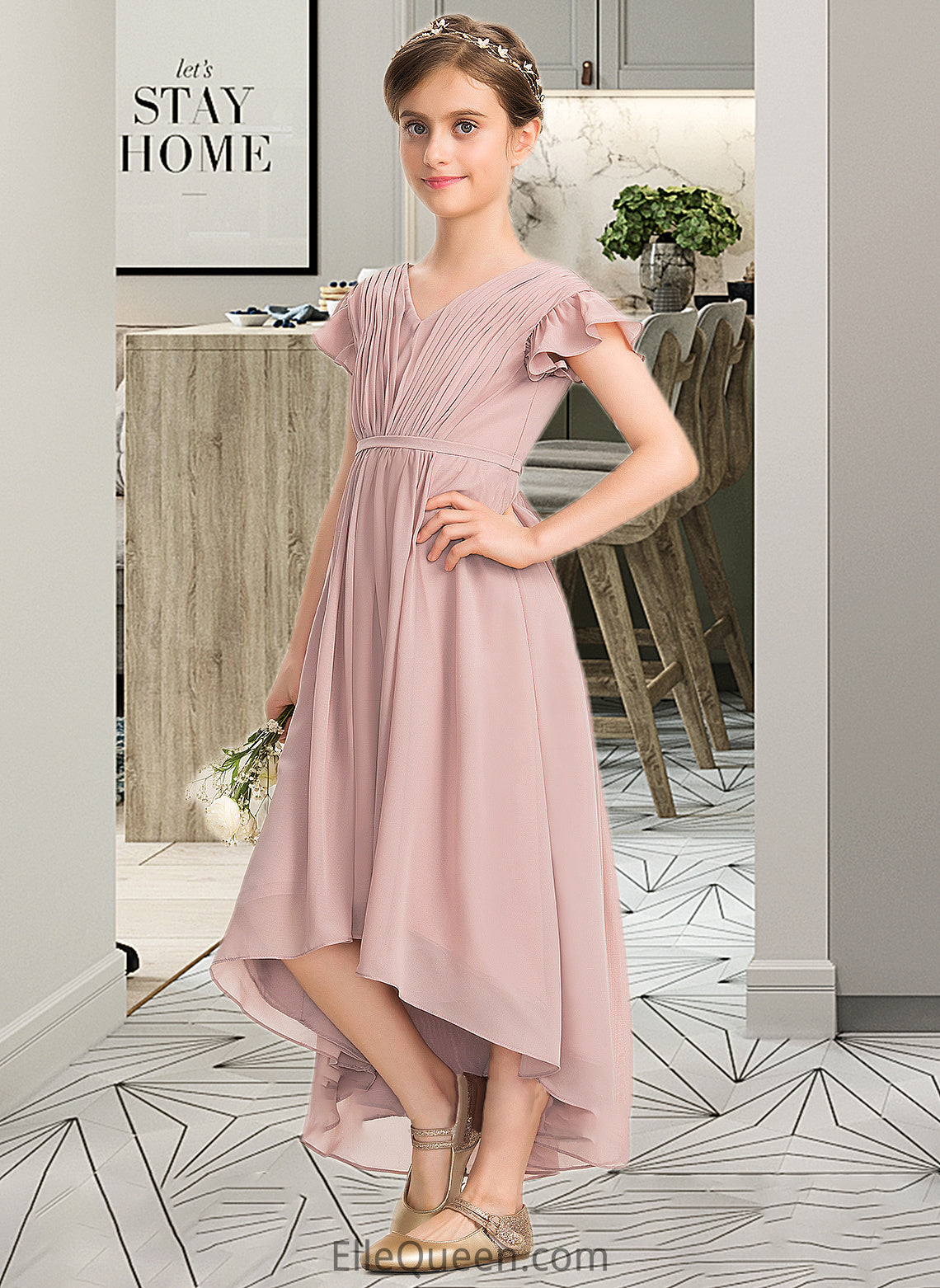 Natasha A-Line V-neck Asymmetrical Chiffon Junior Bridesmaid Dress With Bow(s) Cascading Ruffles DGP0013496