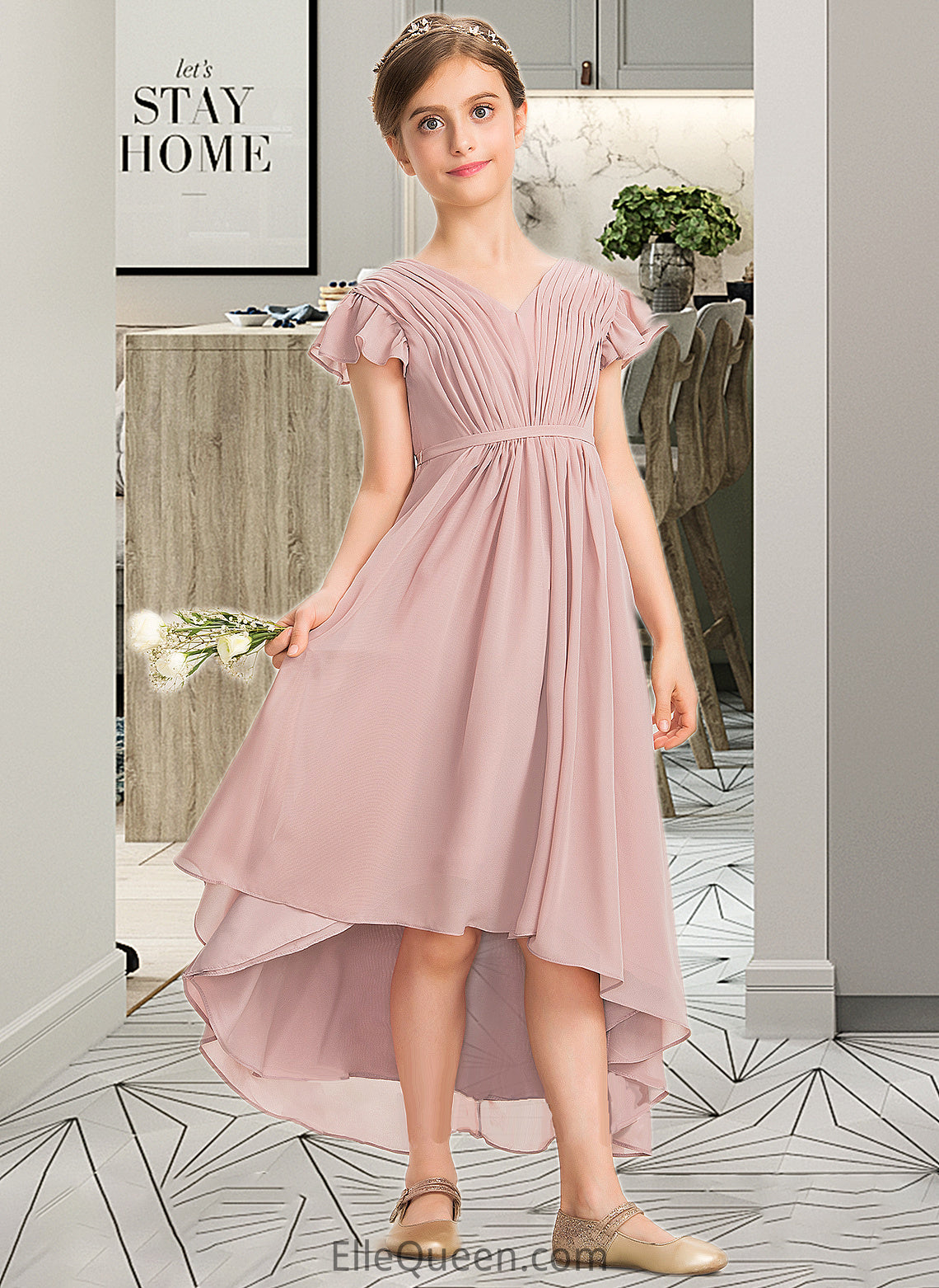 Natasha A-Line V-neck Asymmetrical Chiffon Junior Bridesmaid Dress With Bow(s) Cascading Ruffles DGP0013496