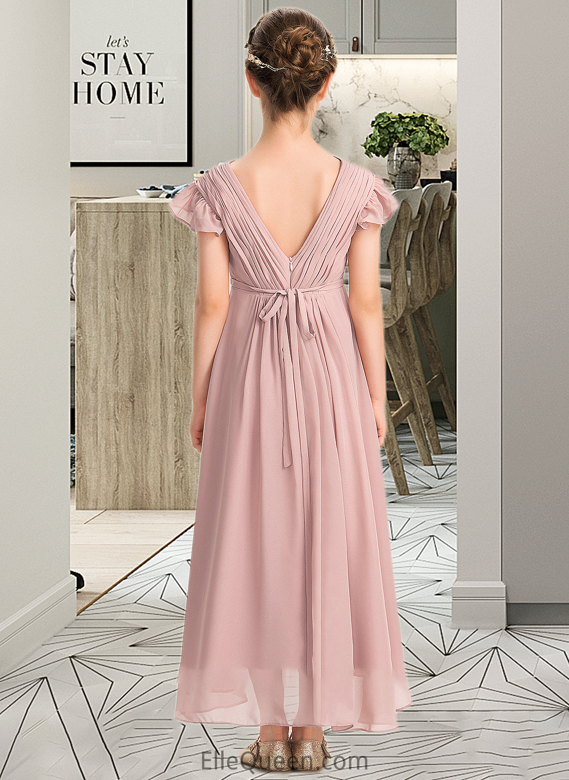 Natasha A-Line V-neck Asymmetrical Chiffon Junior Bridesmaid Dress With Bow(s) Cascading Ruffles DGP0013496