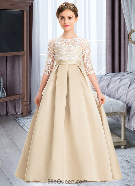 Hadley Ball-Gown/Princess Scoop Neck Floor-Length Satin Lace Junior Bridesmaid Dress DGP0013498