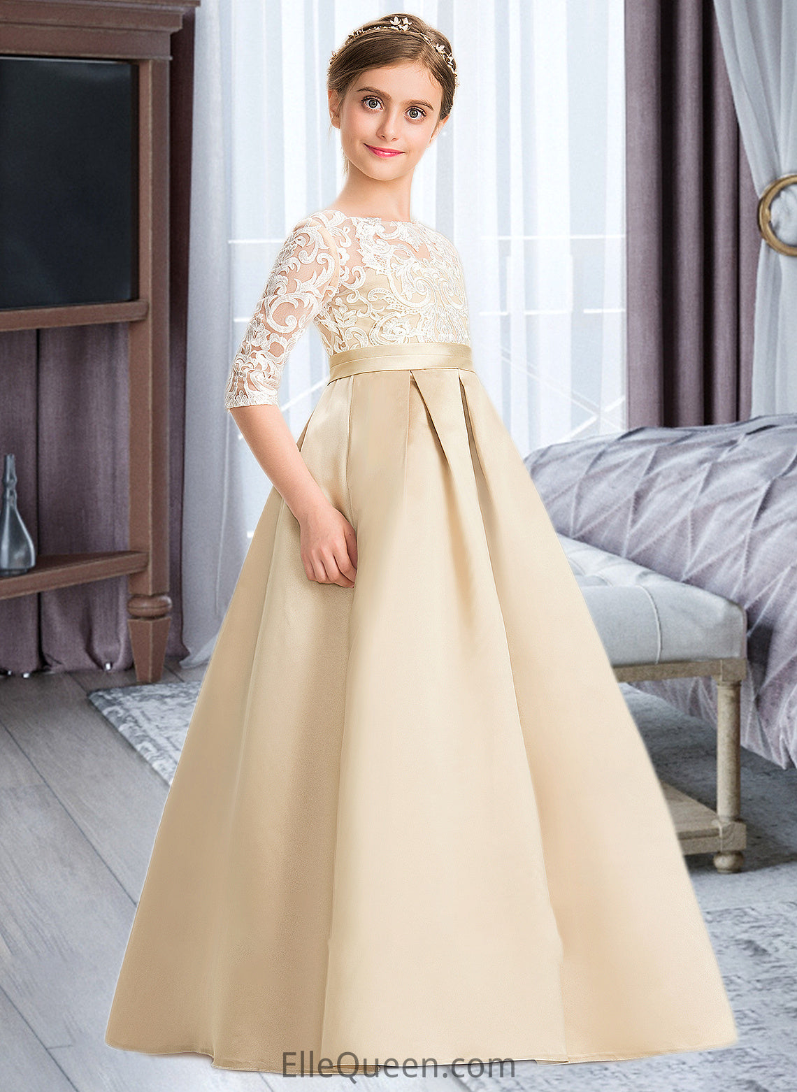 Hadley Ball-Gown/Princess Scoop Neck Floor-Length Satin Lace Junior Bridesmaid Dress DGP0013498