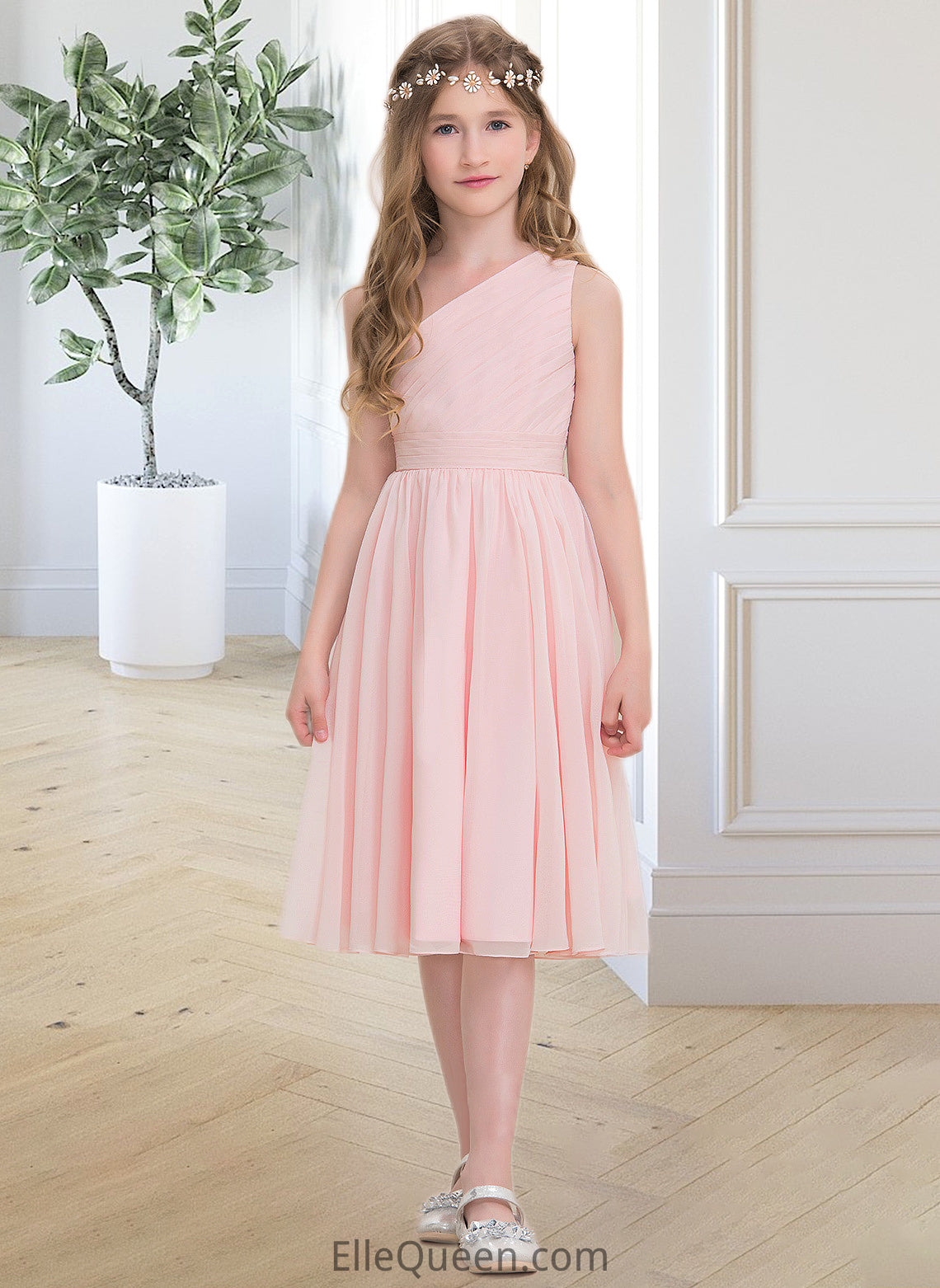 Charity A-Line One-Shoulder Knee-Length Chiffon Junior Bridesmaid Dress With Ruffle DGP0013499