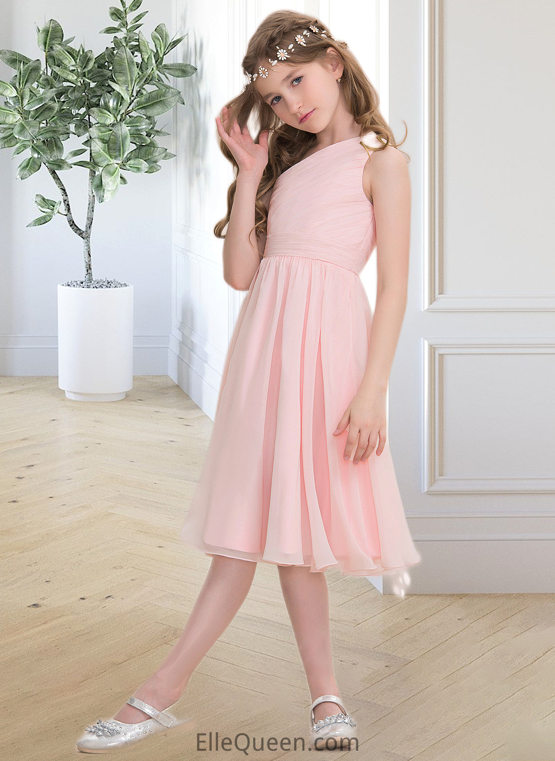 Charity A-Line One-Shoulder Knee-Length Chiffon Junior Bridesmaid Dress With Ruffle DGP0013499