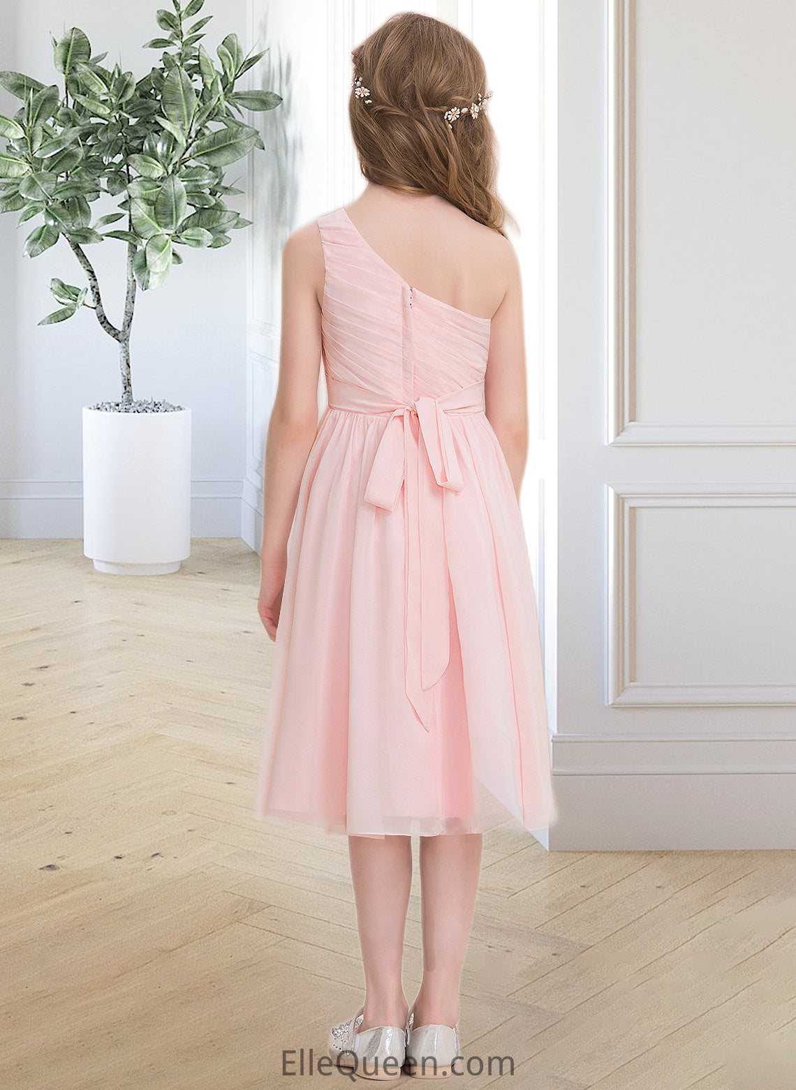 Charity A-Line One-Shoulder Knee-Length Chiffon Junior Bridesmaid Dress With Ruffle DGP0013499