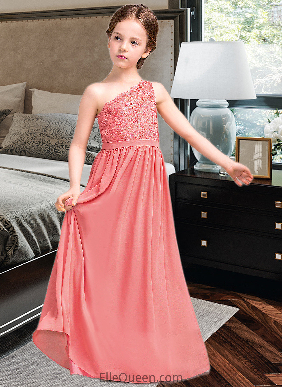 Ashlynn A-Line One-Shoulder Floor-Length Chiffon Lace Junior Bridesmaid Dress DGP0013500