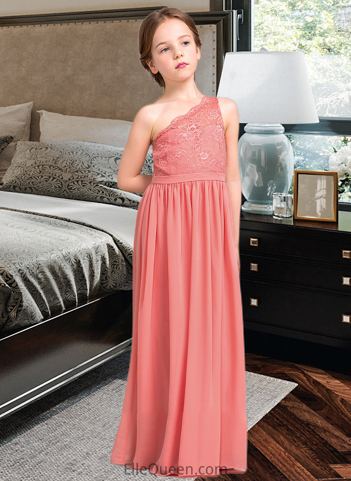 Ashlynn A-Line One-Shoulder Floor-Length Chiffon Lace Junior Bridesmaid Dress DGP0013500