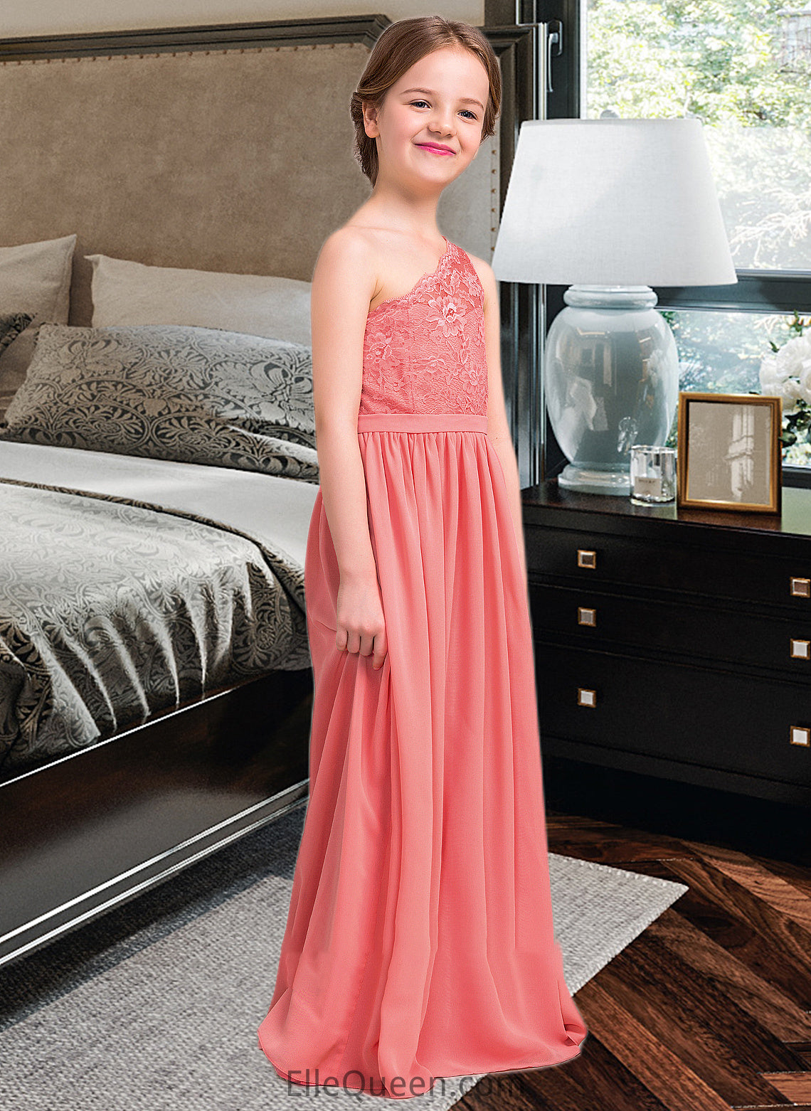 Ashlynn A-Line One-Shoulder Floor-Length Chiffon Lace Junior Bridesmaid Dress DGP0013500