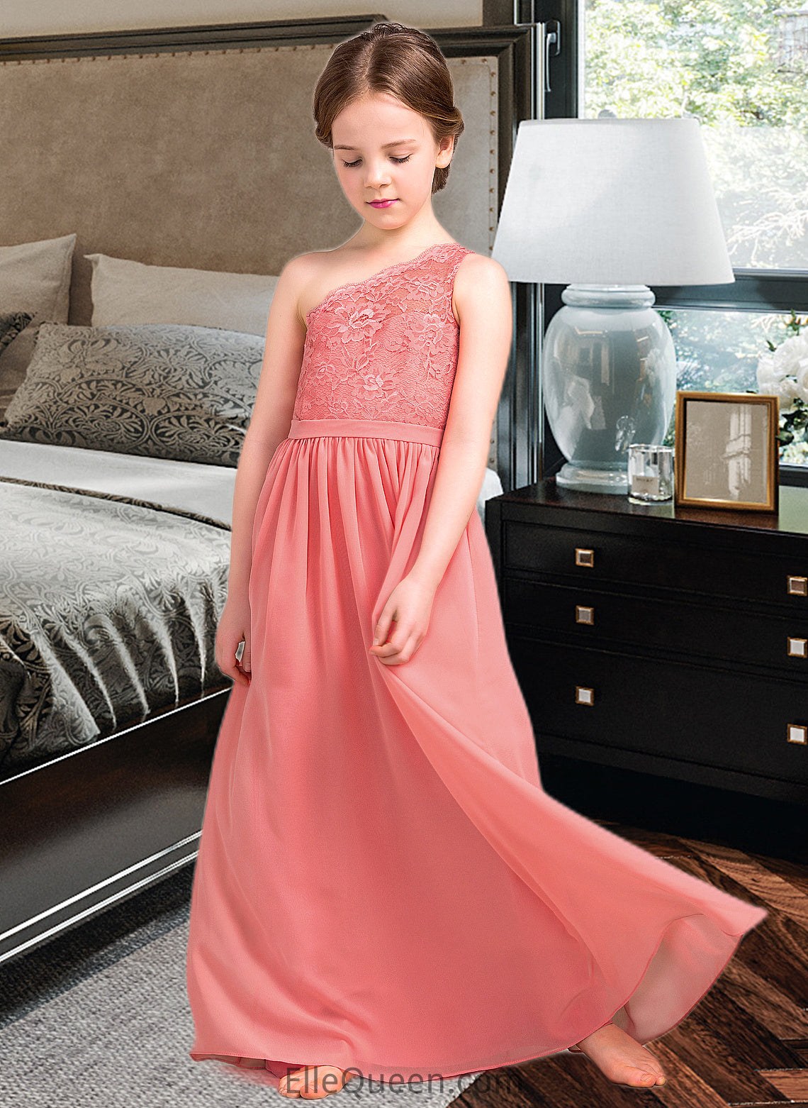 Ashlynn A-Line One-Shoulder Floor-Length Chiffon Lace Junior Bridesmaid Dress DGP0013500