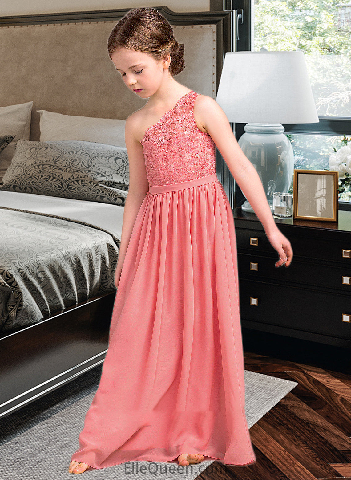 Ashlynn A-Line One-Shoulder Floor-Length Chiffon Lace Junior Bridesmaid Dress DGP0013500