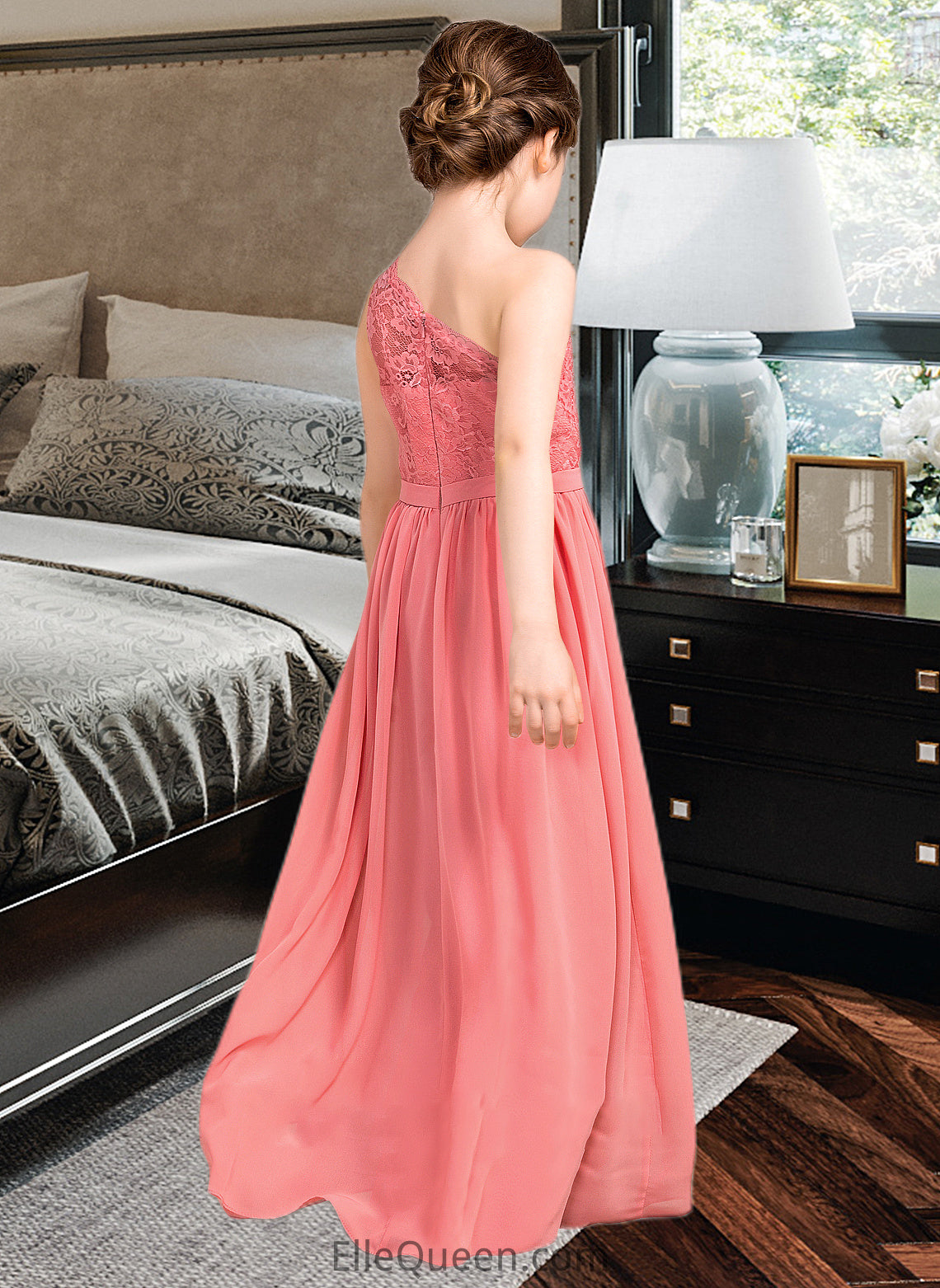 Ashlynn A-Line One-Shoulder Floor-Length Chiffon Lace Junior Bridesmaid Dress DGP0013500