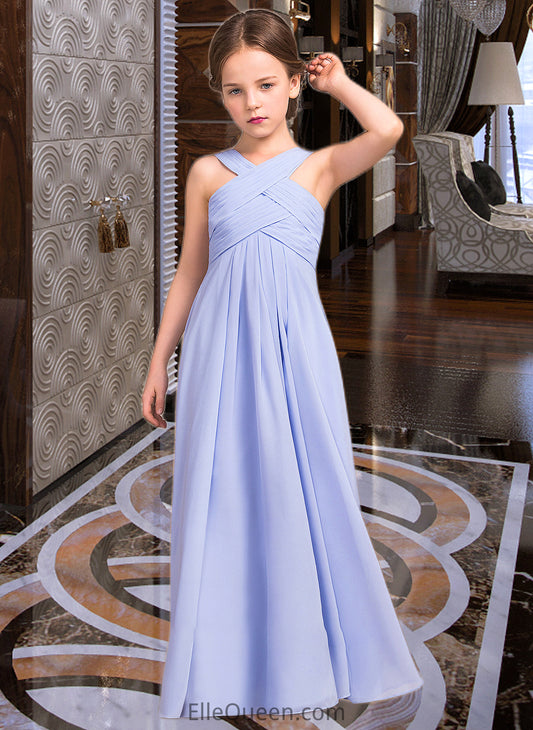 Prudence A-Line V-neck Floor-Length Chiffon Junior Bridesmaid Dress With Ruffle DGP0013501