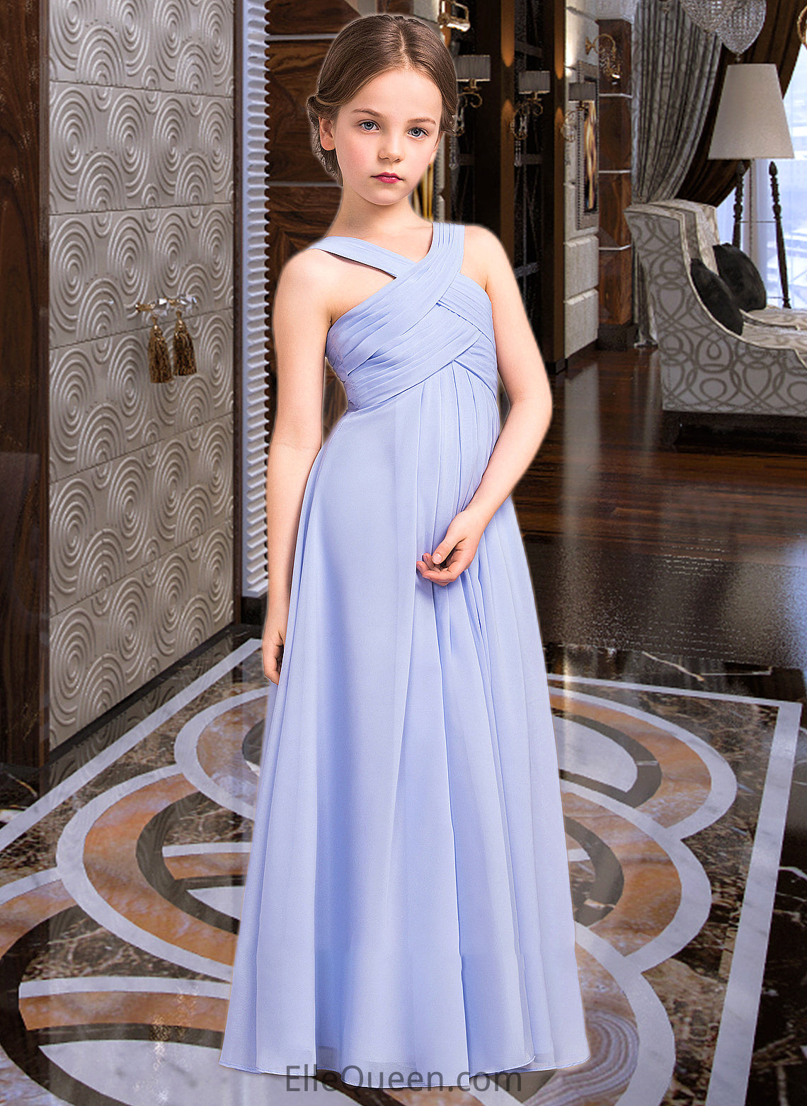 Prudence A-Line V-neck Floor-Length Chiffon Junior Bridesmaid Dress With Ruffle DGP0013501