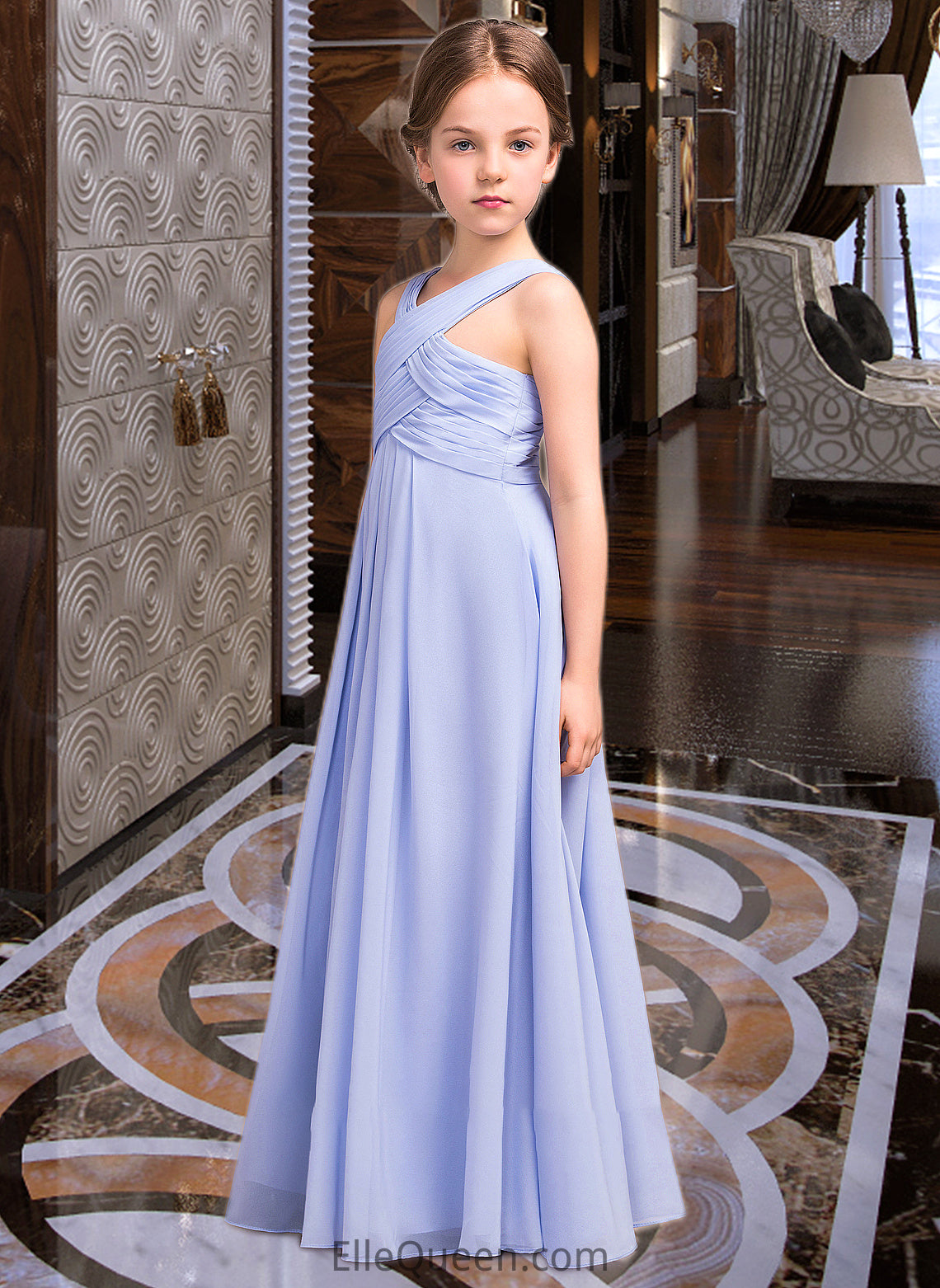 Prudence A-Line V-neck Floor-Length Chiffon Junior Bridesmaid Dress With Ruffle DGP0013501