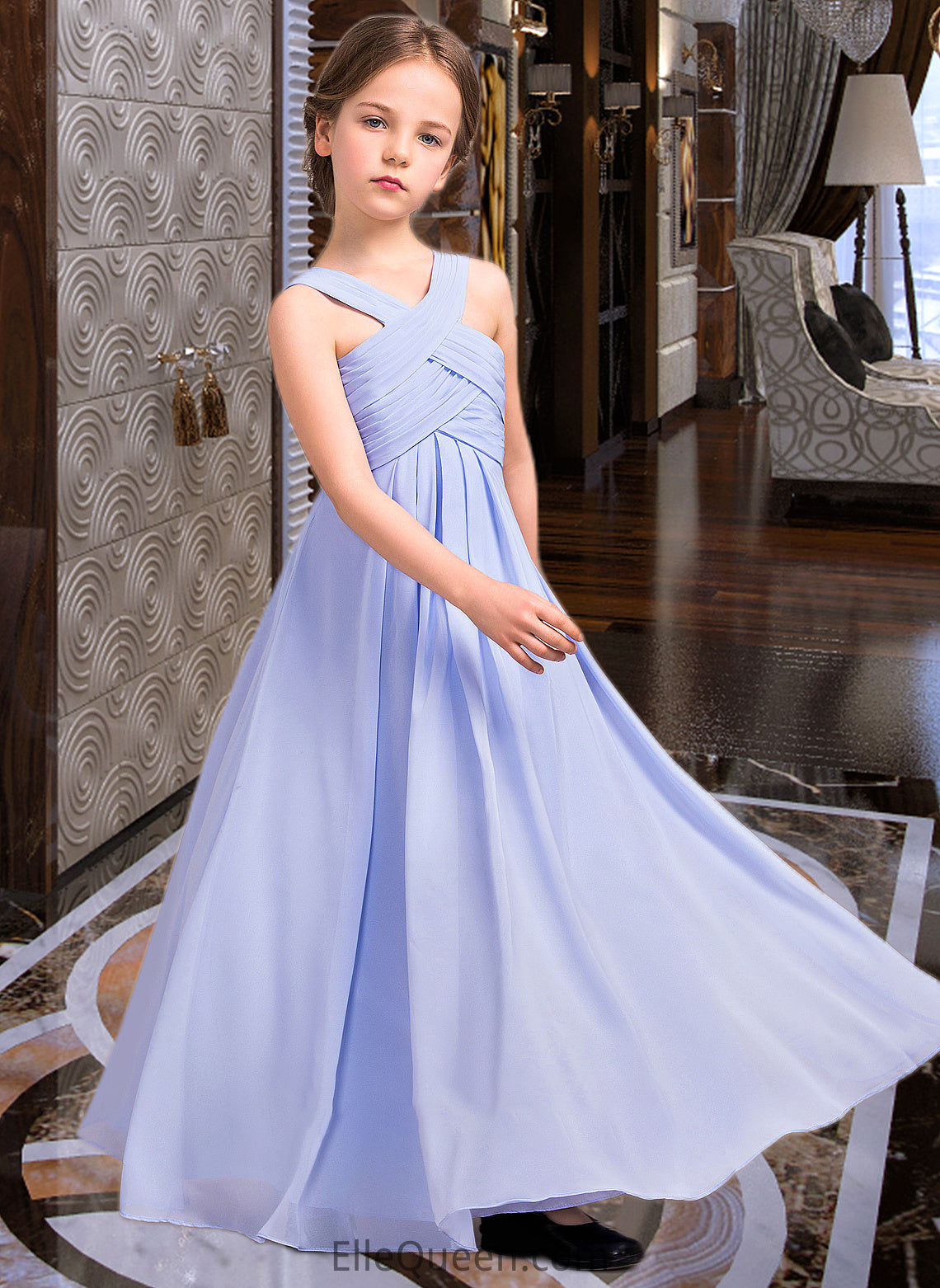 Prudence A-Line V-neck Floor-Length Chiffon Junior Bridesmaid Dress With Ruffle DGP0013501