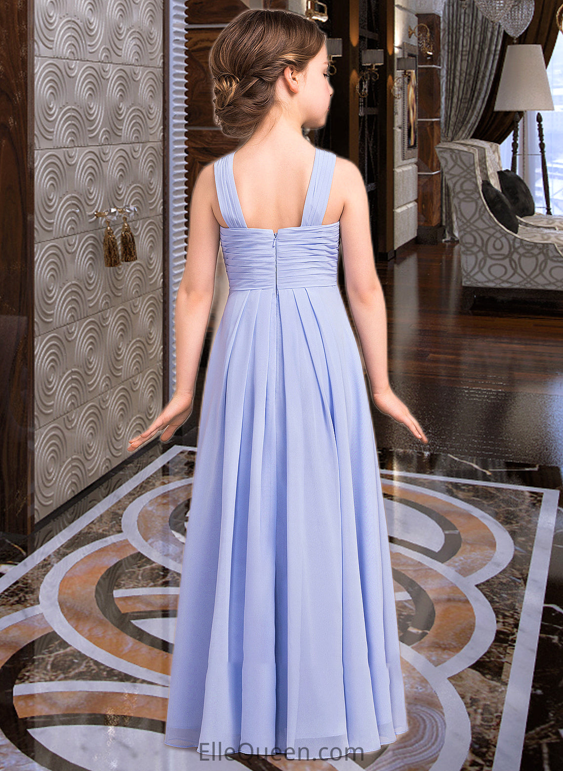 Prudence A-Line V-neck Floor-Length Chiffon Junior Bridesmaid Dress With Ruffle DGP0013501