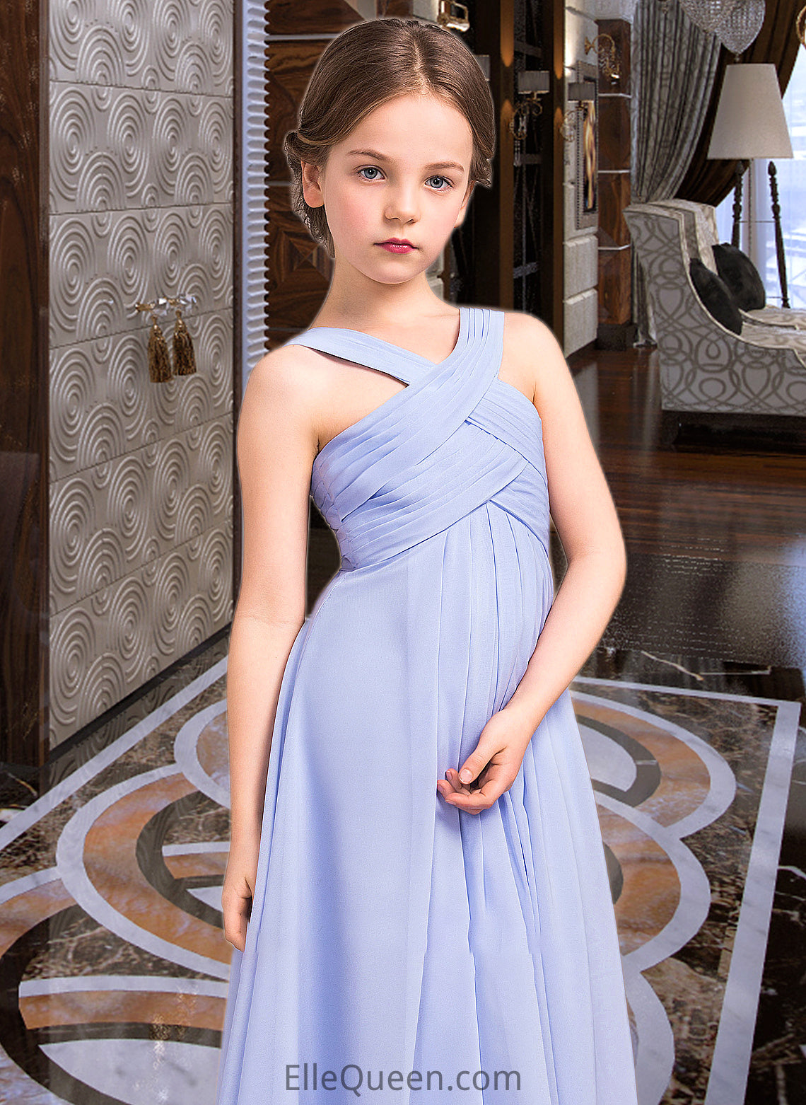 Prudence A-Line V-neck Floor-Length Chiffon Junior Bridesmaid Dress With Ruffle DGP0013501