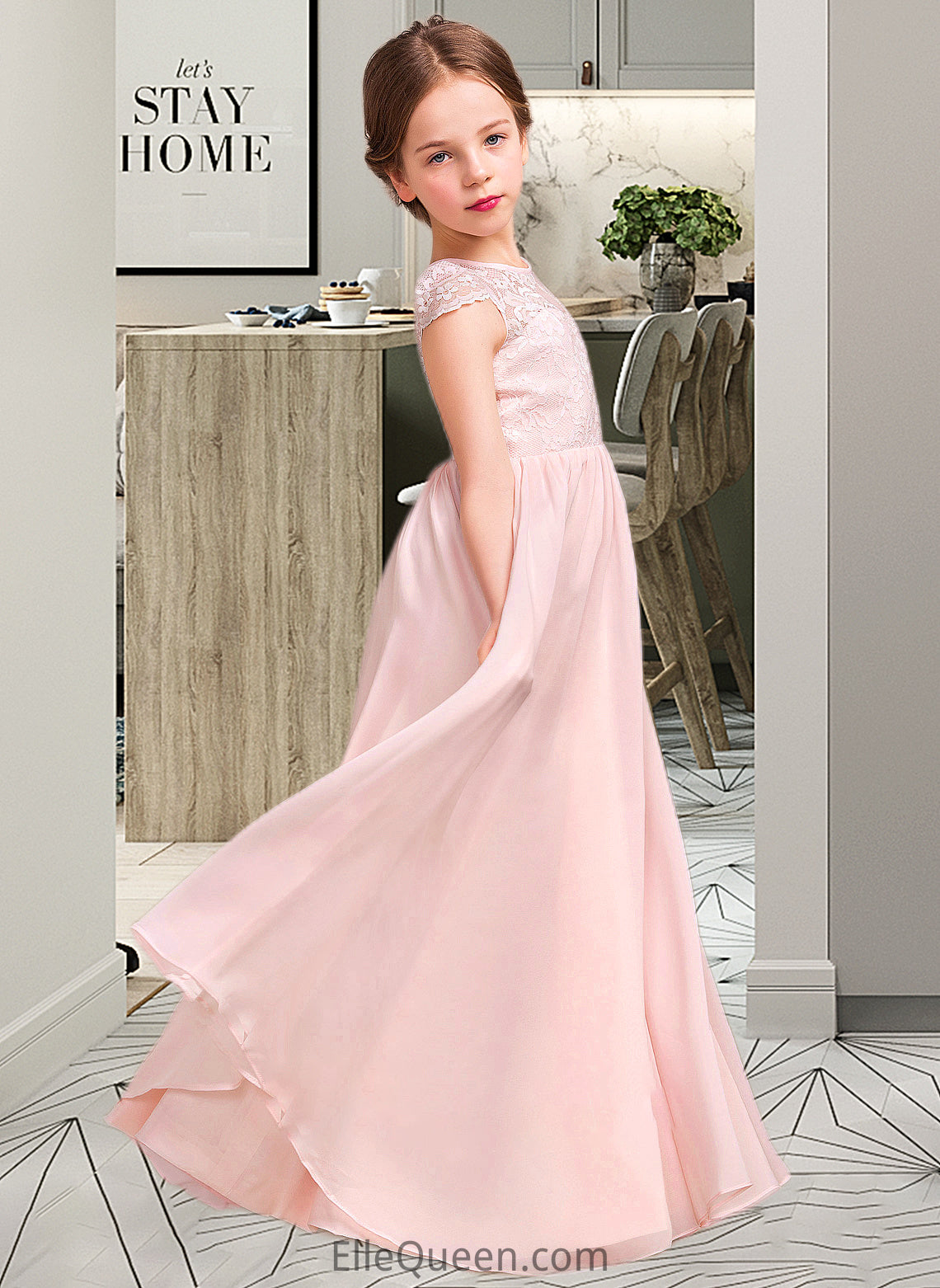 Zara A-LineScoopNeckFloor-LengthChiffonLaceJuniorBridesmaidDress#81155 DGP0013502