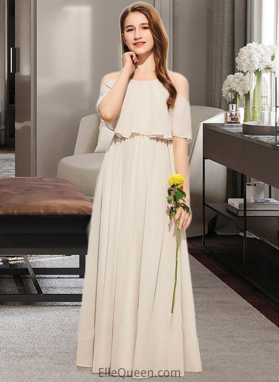 Haylie A-Line Scoop Neck Floor-Length Chiffon Junior Bridesmaid Dress DGP0013503