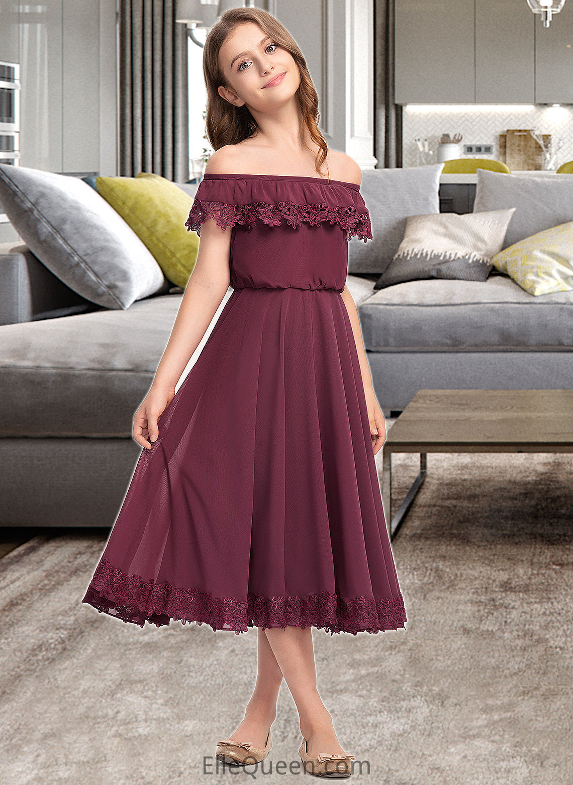 Abril A-Line Off-the-Shoulder Tea-Length Chiffon Lace Junior Bridesmaid Dress DGP0013505