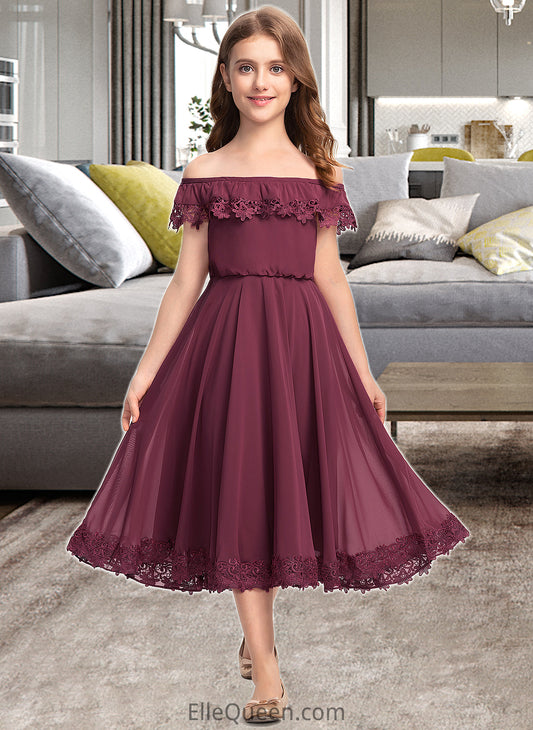 Abril A-Line Off-the-Shoulder Tea-Length Chiffon Lace Junior Bridesmaid Dress DGP0013505