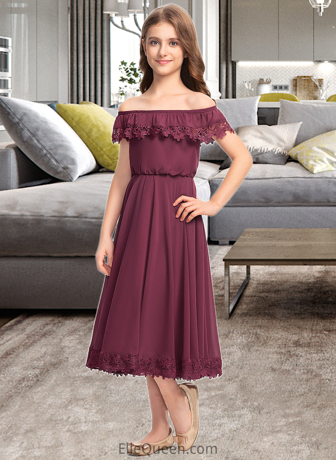 Abril A-Line Off-the-Shoulder Tea-Length Chiffon Lace Junior Bridesmaid Dress DGP0013505