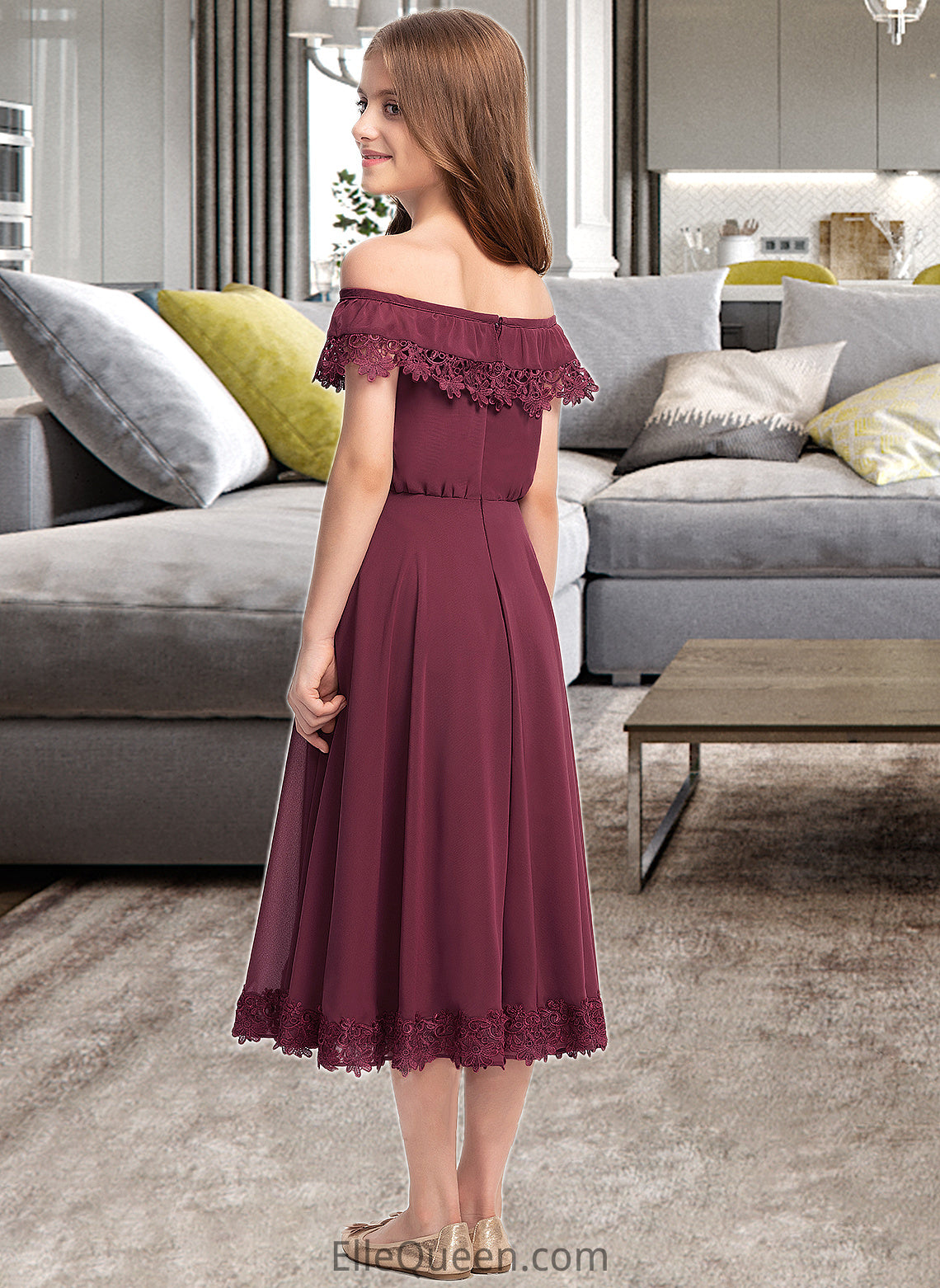 Abril A-Line Off-the-Shoulder Tea-Length Chiffon Lace Junior Bridesmaid Dress DGP0013505