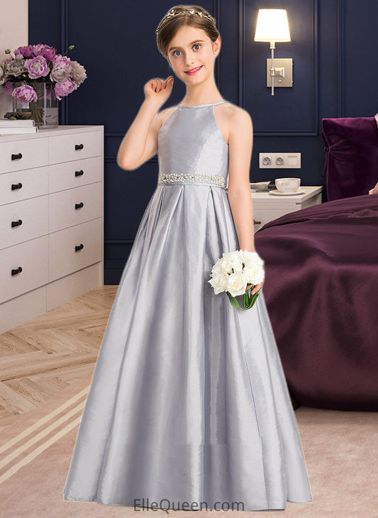 Rubi A-Line Scoop Neck Floor-Length Taffeta Junior Bridesmaid Dress With Beading Bow(s) DGP0013506